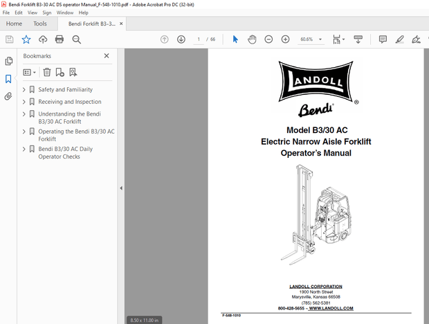 Landoll Bendi B330 AC Electric Narrow Aisle Forklift Operator’s Manual F-548-1010 –  PDF DOWNLOAD