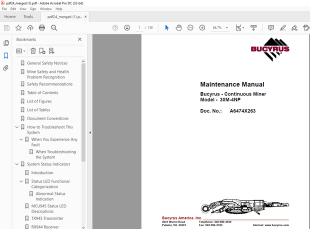 Cat Bucyrus Continuous Miner 30M-4NP Maintenance Manual - PDF DOWNLOAD