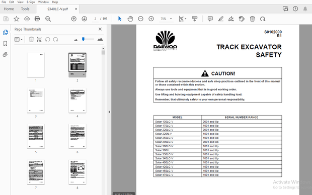 Daewoo Excavator S340LC-V Operation &amp; Maintenance Manual K1008702E – PDF DOWNLOAD
