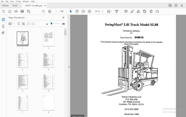 Drexel SL88 SwingMast Lift Truck Technical Manual 16027-14 – PDF DOWNLOAD