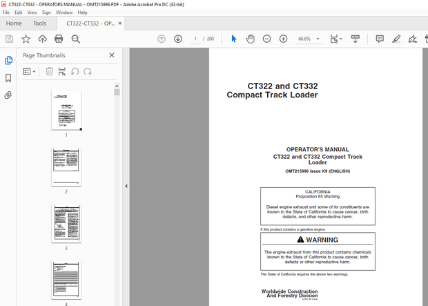 John Deere CT322 &amp; CT332 Compact Track Loader Operator&#x27;s Manual OMT215996 - PDF DOWNLOAD