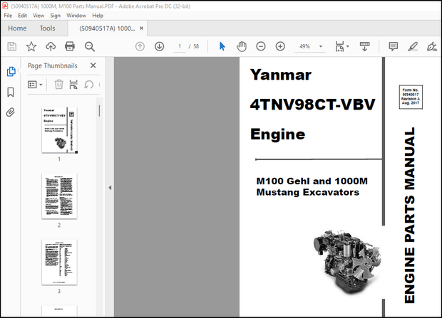 Yanmar 4TNV98CT-VBV M100 Gehl and 1000M Mustang Excavators Engine Parts Manual(50940517) – PDF 