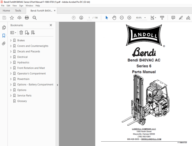 Bendi Landoll Forklifts B40VAC AC Series 6 Parts Manual F-1088-0720 – PDF DOWNLOAD