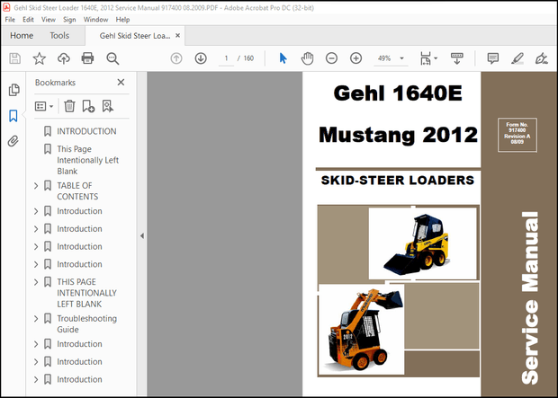 Gehl 1640E Mustang 2012 Skid Steer Loader Service Manual 917400 08.2009 – PDF DOWNLOAD