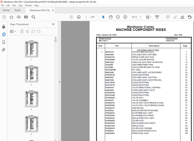 Manitowoc Crane MLC165-1 Parts Manual 91651116 – PDF DOWNLOAD