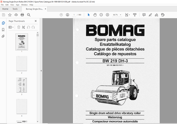 Bomag BW 219 DH-3 Single Drum Wheel Drive vibratory roller Parts Manual 00815350 – PDF DOWNLOAD