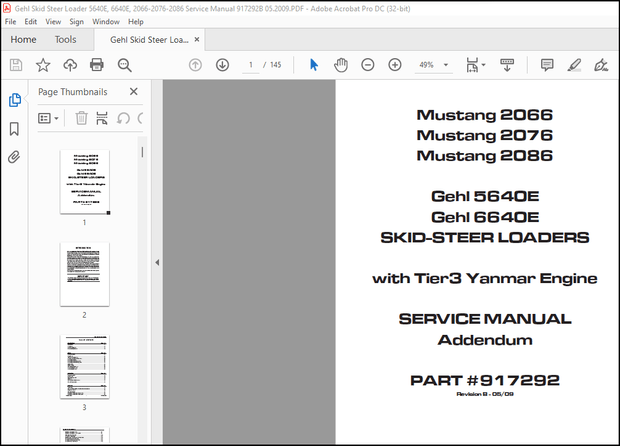 Gehl 5640E 6640E Mustang 2066 2076 2086 with Tier3 Yanmar Engine Skid Steer Loader Service Manual 