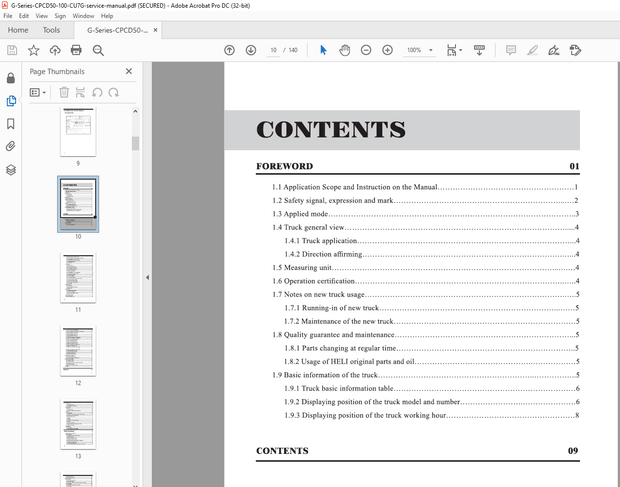 Heli G2 Series 5-10t Counterbalanced Forklift Truck Engine Operation &amp; Maintenance Manual –  PDF 