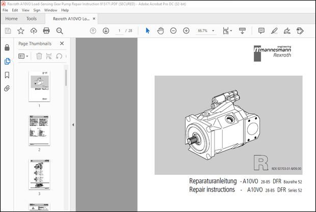 Rexroth A10VO 28-85 DFR Series 52 Load-Sensing Gear Pump Repair Instruction 915171 – PDF DOWNLOAD