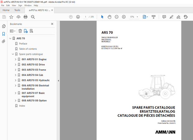 Ammann ARS 70 Single Drum Roller Parts Catalogue Manual 2563075 PDF