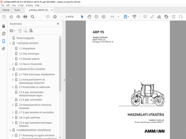 AMMANN ARP 95 TANDEM ÚTHENGER HASZNÁLATI UTASÍTÁS (3026131) – PDF