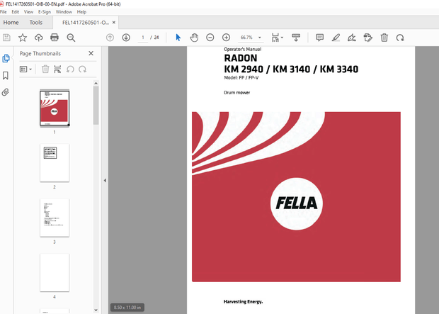 FELLA EU RADON KM 2940 FP FP-VRADON KM 3340 FP FP-V Drum Mower Operators Manual - PDF DOWNLOAD