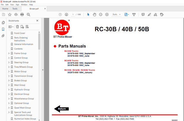 BT Prime-Mover Forklift RC 30B 40B 50B Parts Manual – PDF DOWNLOAD