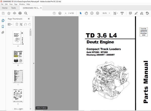 Deutz TD 3.6 L4 Compact Track Loaders Gehl RT250 RT255 Mustang 2500RT 2550RT Engine Parts Manual PDF