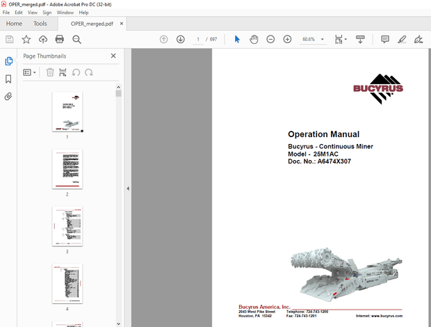 CAT Bucyrus Continuous Miner 25M1AC Operation Manual A6474X307  - PDF DOWNLOAD