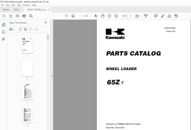 Kawasaki WHEEL LOADER 65ZV Parts MANUAL 93307-00166 - PDF DOWNLOAD