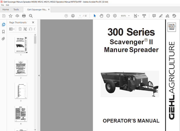 Gehl Scavenger Manure Spreaders MS309, MS312, MS315, MS322 Operators Manual 907073A – PDF DOWNLOAD
