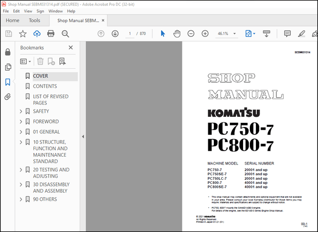 Komatsu PC750-7 PC800-7 Shop Manual – PDF DOWNLOAD