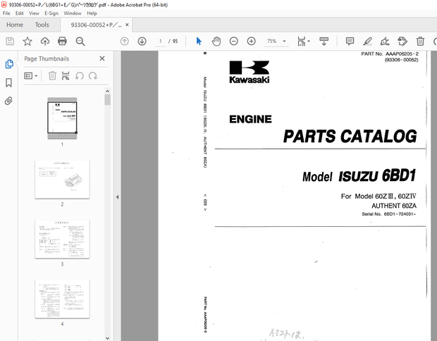 Kawasaki 60ZA 60Z III, 60Z IV ISUZU 6BD1 Engine Parts Manual AAAP06205-2 PDF