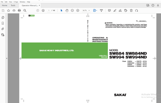 Sakai SW884 SW884ND SW994 SW994ND Operation &amp; Maintenance Manual PDF