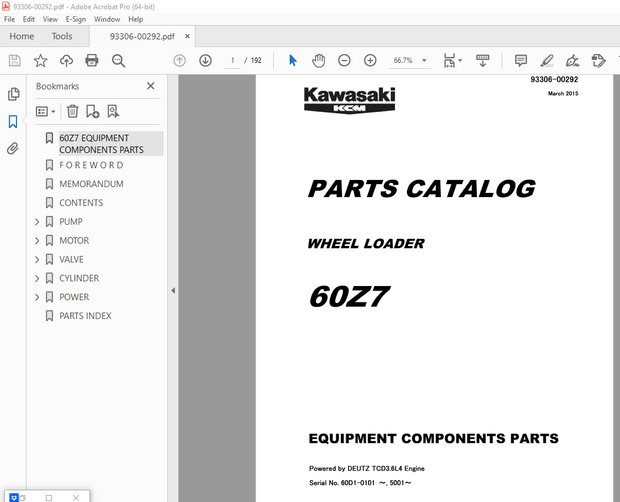 Kawasaki KCM 60Z7 Wheel Loader Parts Manual 93306-00292 – PDF DOWNLOAD