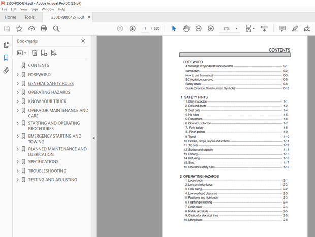 Hyundai Forklift 250D-9 IC Trucks Operator’s Manual 2023 – PDF DOWNLOAD