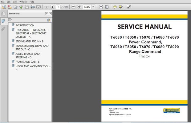New Holland T6030 T6050 T6070 T6080 T6090 Power Command /Range Command Tractor Service Repair Manual