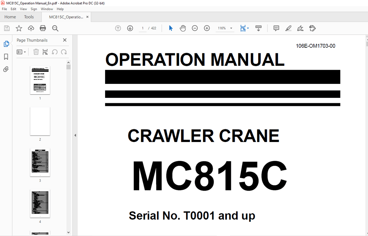 Maeda MC815C Crawler Crane Operation Manual SN T0001 and up – PDF DOWNLOAD