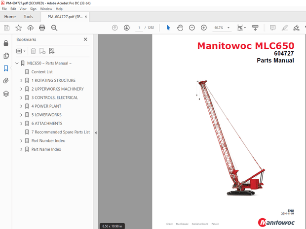 Manitowoc Crane MLC650 Parts Manual 604727 – PDF DOWNLOAD