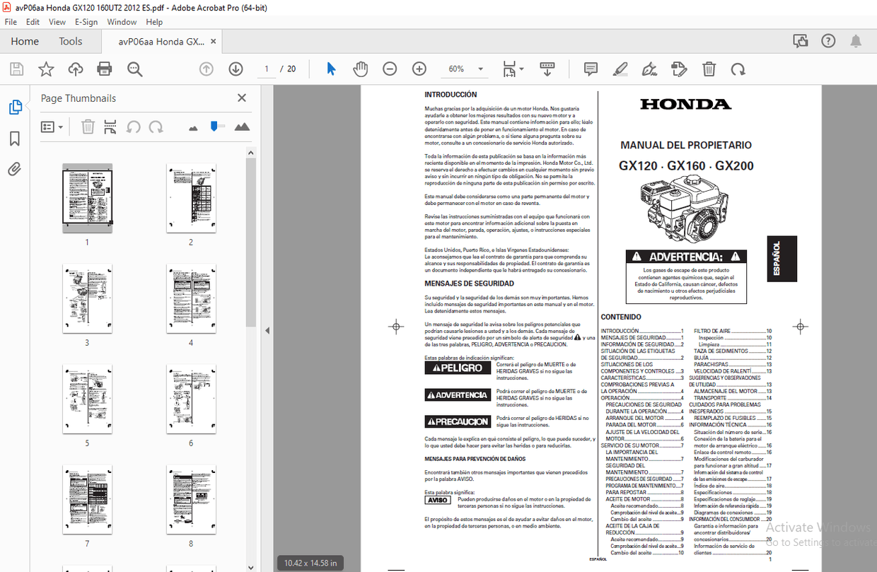 HONDA GX120 GX160 GX200 MANUAL DEL PROPIETARIO PDF