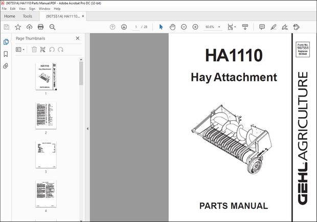 Gehl Hay Attachment HA110 Series PARTS MANUAL(907551A) – PDF DOWNLOAD