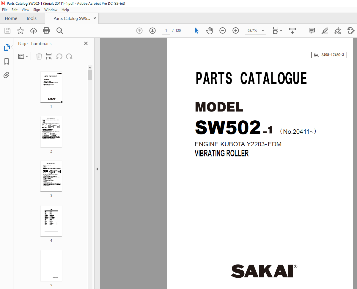 Sw502 Machine Sakai Vibrating Roller SW502-1 ENGINE KUBOTA Y2203-EDM Parts Catalogue ...