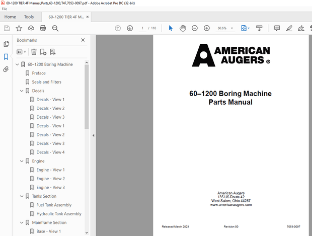 Ditch Witch American Augers 60–1200 Boring Machine Parts Manual 7053-0097 – PDF DOWNLOAD