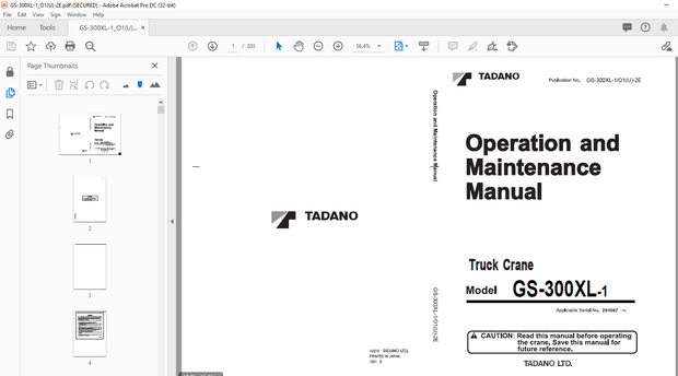 Tadano Truck Crane GS-300XL-1 Operation &amp; Maintenance Manual – PDF DOWNLOAD