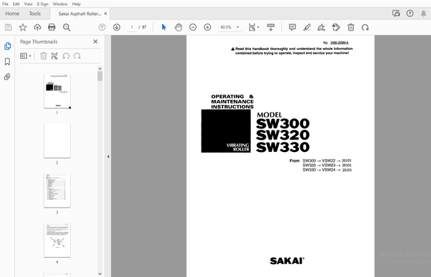 Sakai Asphalt Roller SW300 SW320 SW330 Operation &amp; Maintenance Manual PDF