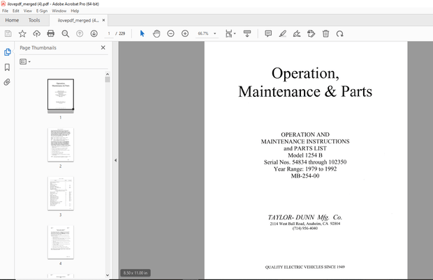 Taylor-Dunn 1254 B Operation &amp; Maintenance Instructions Parts Manual S.NO 54834 through 102350 - PDF