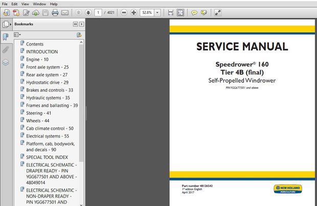 New Holland Speedrower 160 Tier 4B (final) Self-Propelled Windrower Service Manual (48126542)