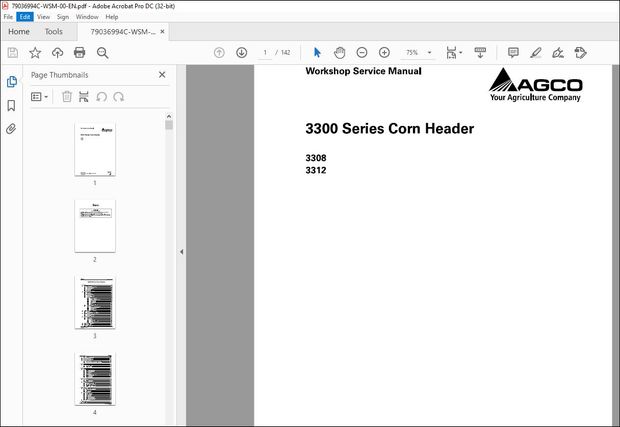 Gleaner NA Harvesting 3300 Series 3308 3312 Corn Header Service Manual 79036994C – PDF DOWNLOAD