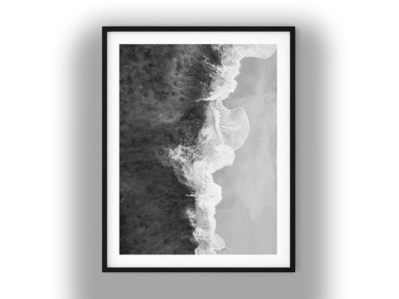Aerial Ocean Waves Crashing on Beach Black And White Photo Digital Download