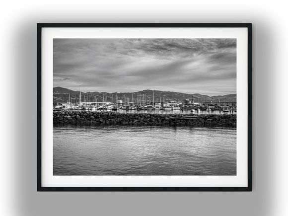 Boats Moored in Marina Behind Rocky Breakwater Black And White Photo Digital Download