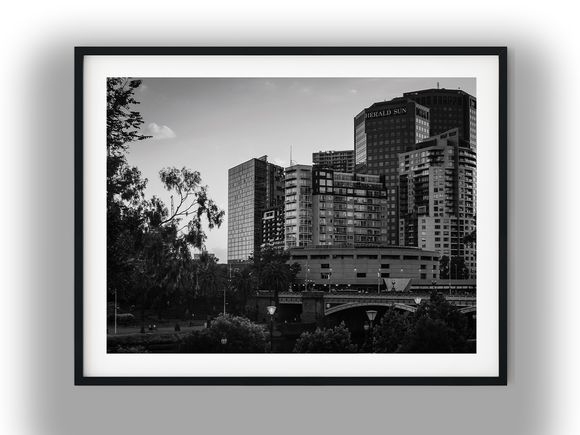 Southbank Skyline and Princes Bridge, Melbourne Black And White Photo Digital Download