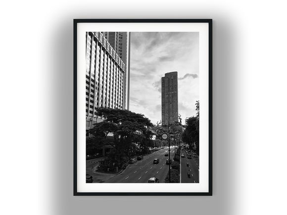 Orchard Road Street View with Modern Skyscrapers Black and White Photo Digital Download