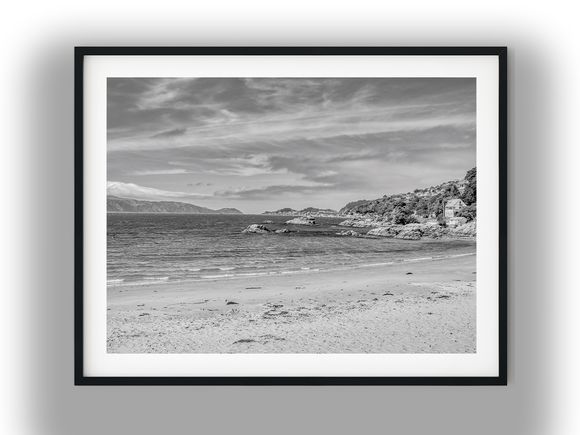 Scorching Bay Beach and Coastal Hills View Black And White Photo Digital Download