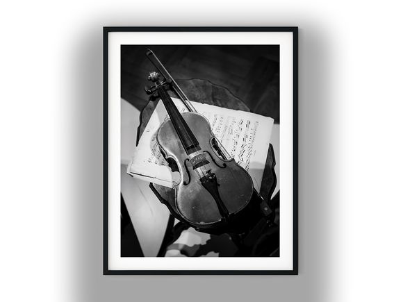 Vintage Violin and Bow on Sheet Music Black And White Photo Digital Download