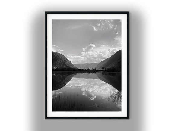 Serene Mountain Lake Mirroring Clouded Sky Black And White Photo Digital Download