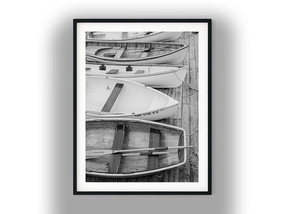 Rowboats Docked on a Wooden Pier Black and White Photo Digital Download