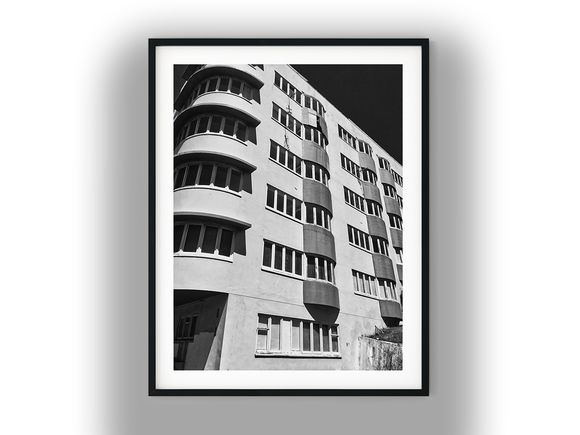 Low-Angle View of Curved Art Deco Apartment Building Black and White Photo Digital Download