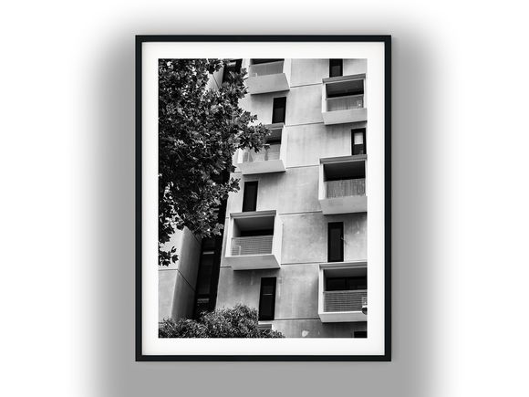 Modern Apartment Facade With Box Balconies Black and White Photo Digital Download