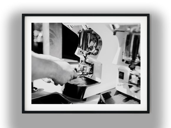 Barista Grinding Fresh Coffee Into Portafilter Black and White Photo Digital Download