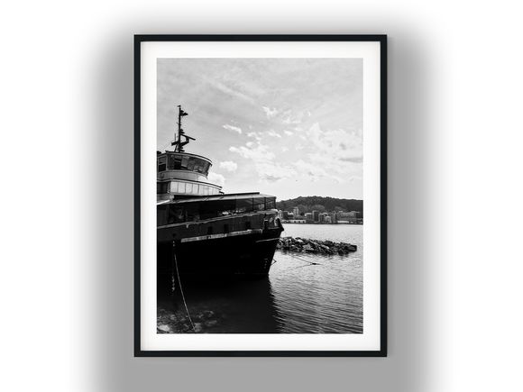 Vintage Tugboat Moored in Wellington Harbour Black And White Photo Digital Download